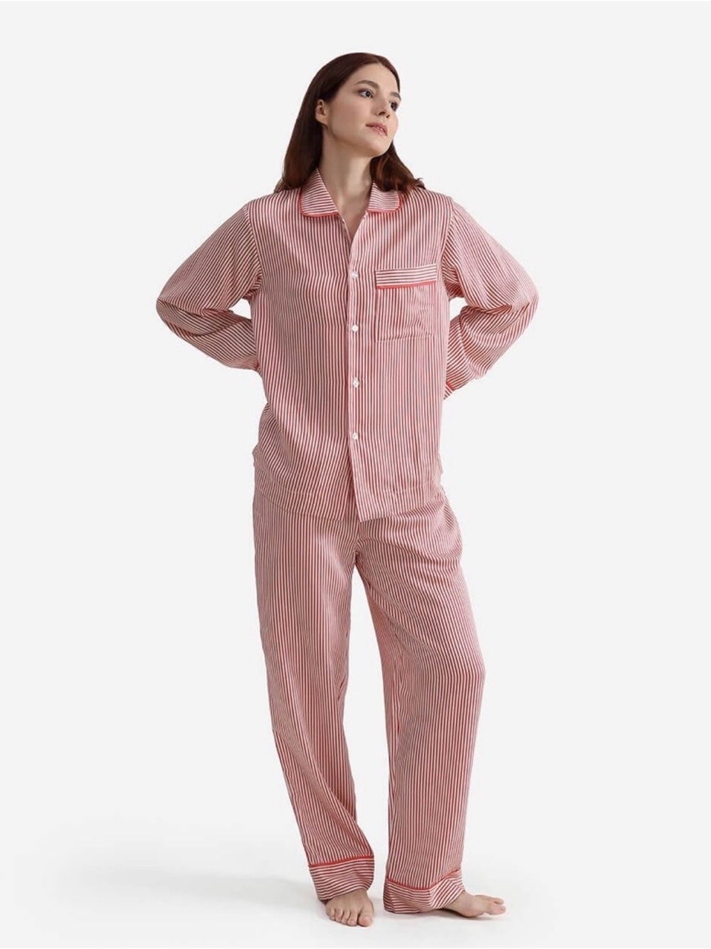 Sunday Citizen Silky Lyocell Long Striped Pajama Set  - Red White - Med - NWT